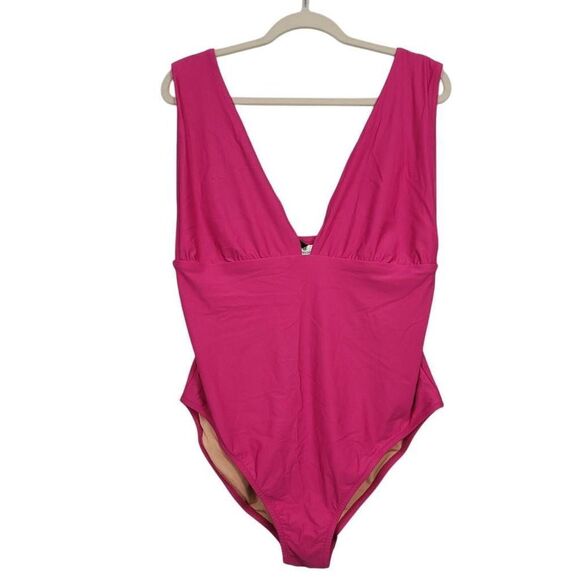 J Crew V-neck One-Piece Fushia Pink Swimming Suit Plus Sz 18 Plunging V-Neck - Picture 3 of 10
